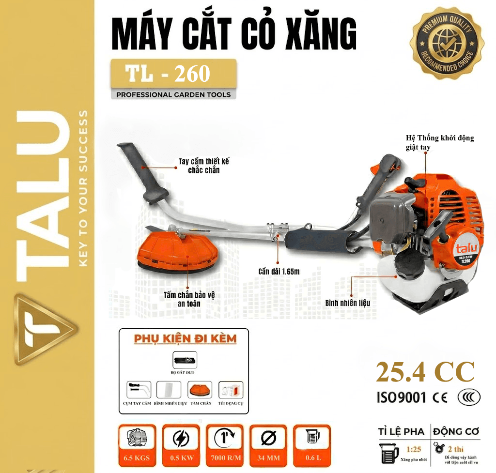 Máy cắt cỏ 2 thì Talu TL260 xăng pha nhớt 1:25 - Góc nhìn 1
