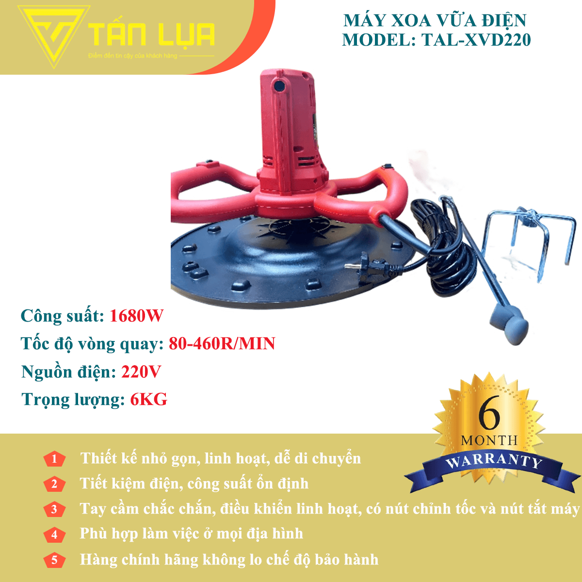 MÁY XOA VỮA ĐIỆN TAL-XVD220 – 1680W, NHẸ 6KG, LINH HOẠT MỌI CÔNG TRÌNH - Góc nhìn 5