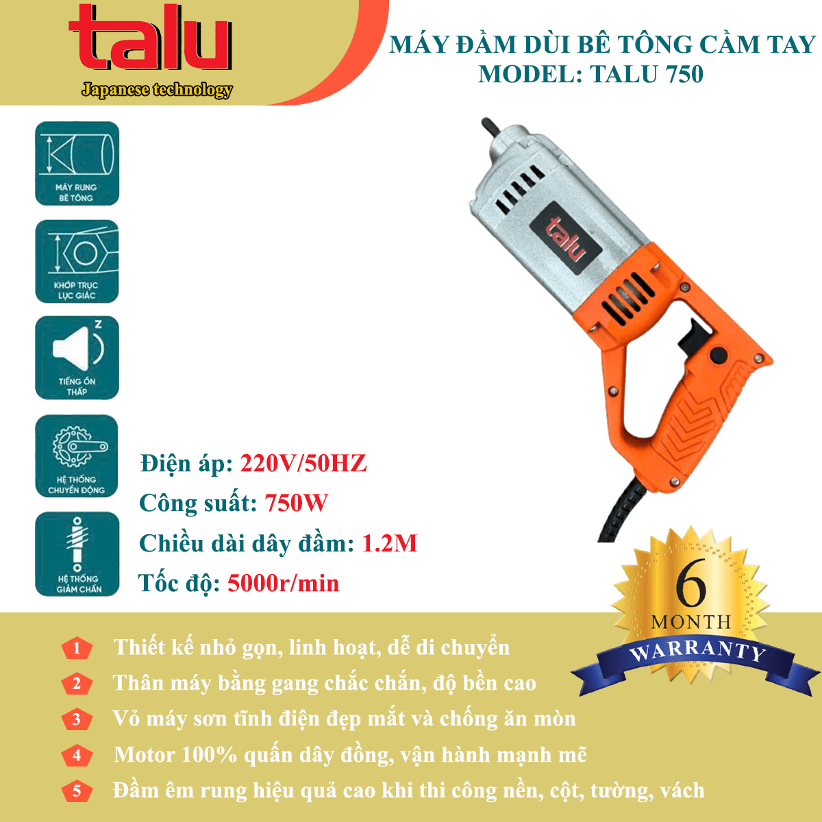 Máy đầm dùi điện Talu 750W không dây đầm - Góc nhìn 1