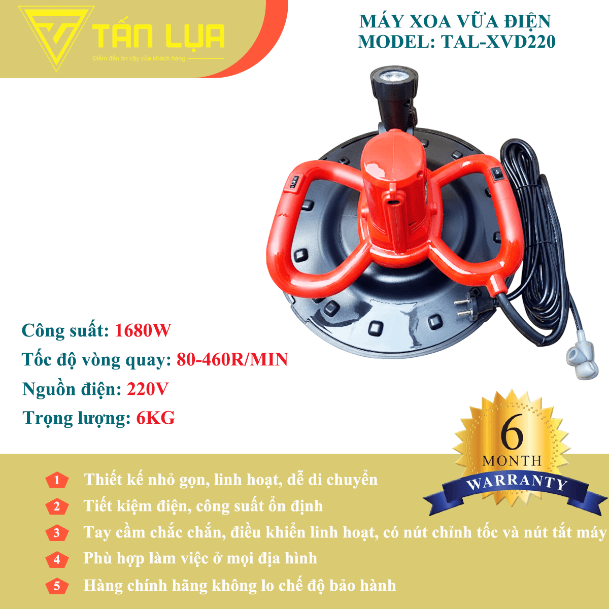 MÁY XOA VỮA ĐIỆN TAL-XVD220 – 1680W, NHẸ 6KG, LINH HOẠT MỌI CÔNG TRÌNH chính hãng tại TAN LUA