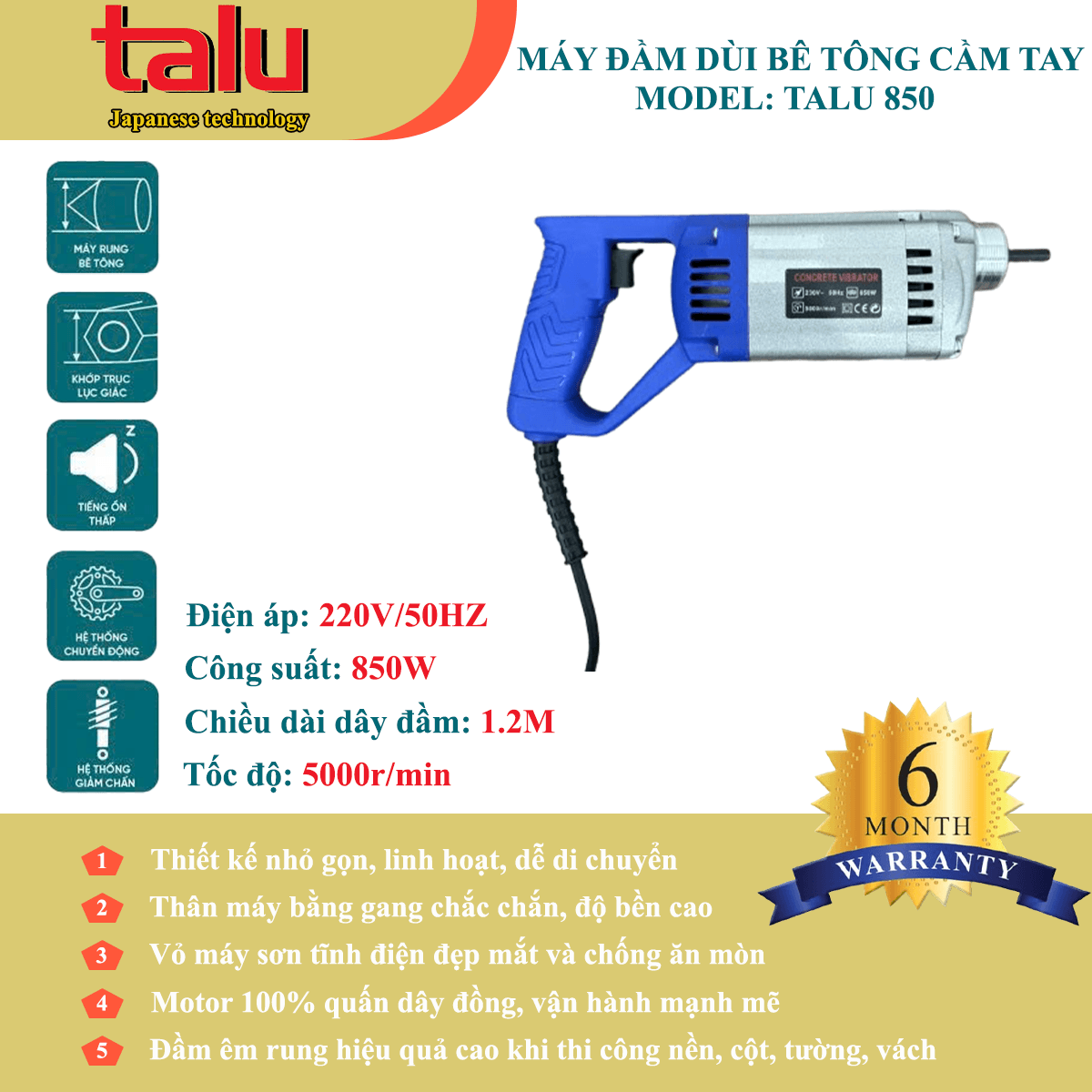 Máy đầm dùi điện Talu 850W không dây đầm - Góc nhìn 1