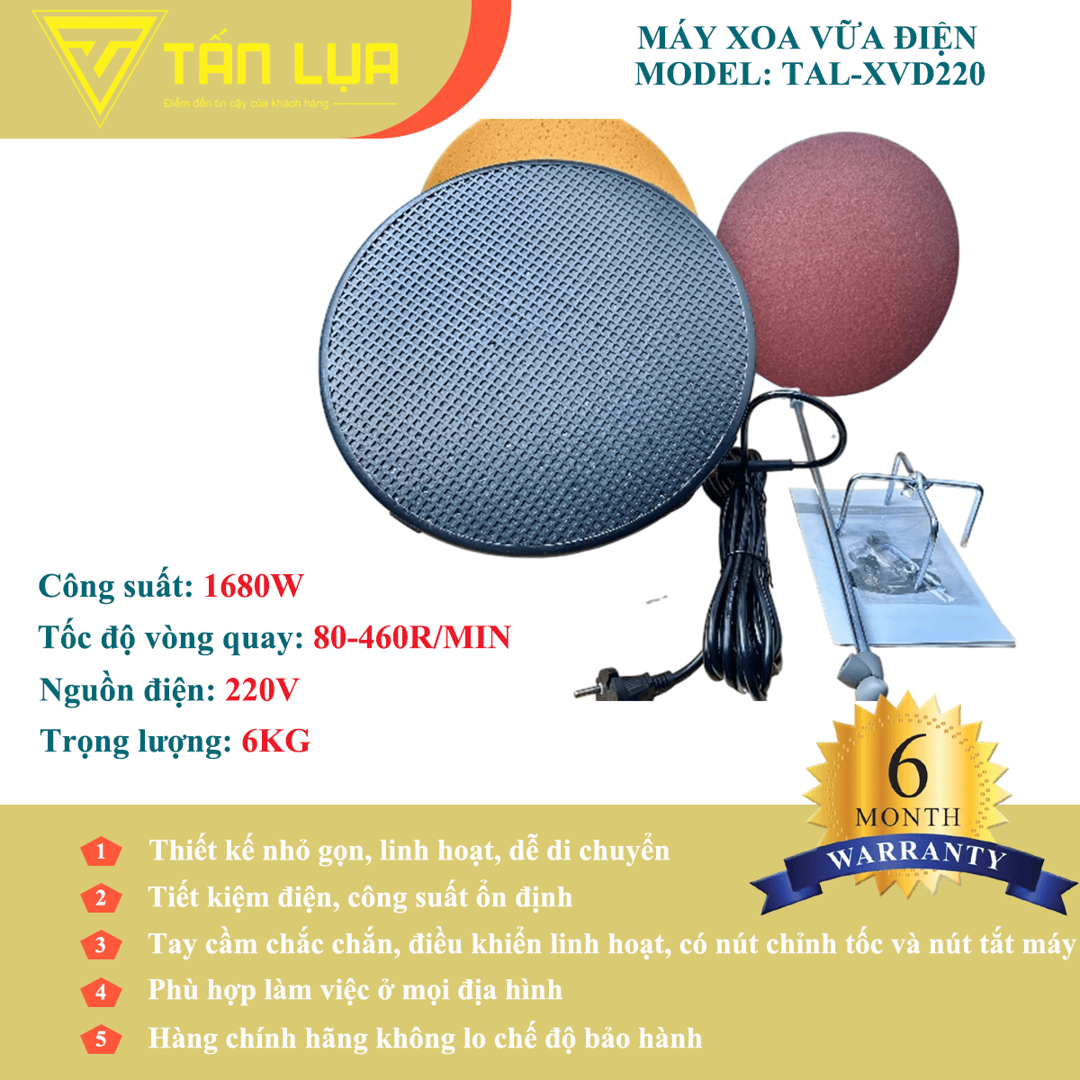 MÁY XOA VỮA ĐIỆN TAL-XVD220 – 1680W, NHẸ 6KG, LINH HOẠT MỌI CÔNG TRÌNH - Góc nhìn 2