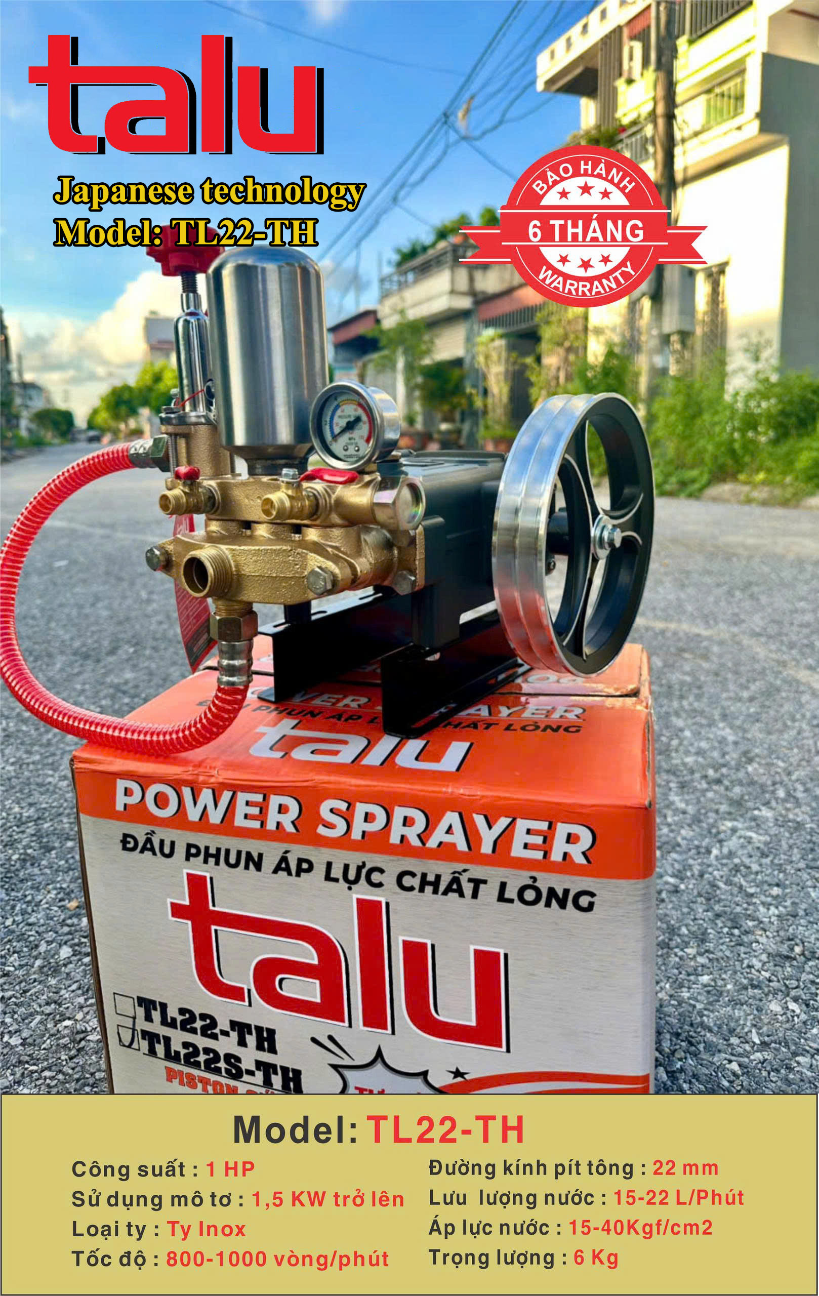 Đầu xịt cao áp TALU TL22-TH 1HP xilanh 22mm ty inox - Góc nhìn 3