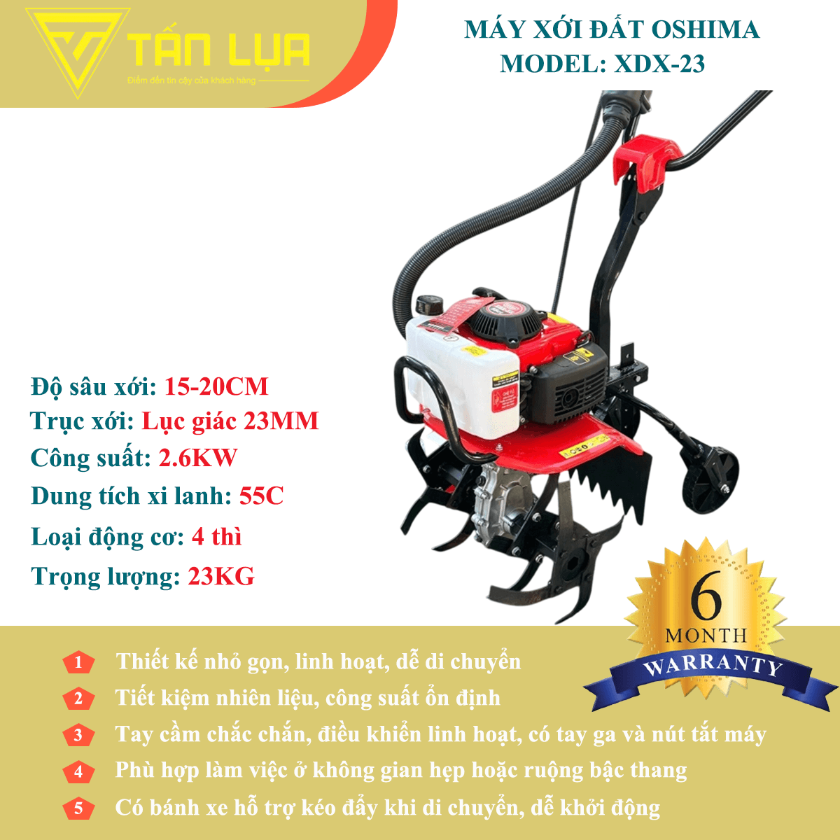 MÁY XỚI ĐẤT OSHIMA XDX-23 – 55CC, ĐỘNG CƠ 4 THÌ, XỚI KHỎE – TIẾT KIỆM NHIÊN LIỆU - Góc nhìn 5