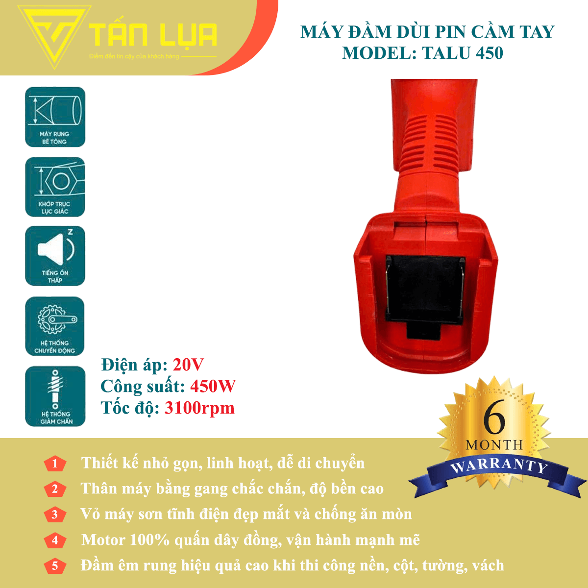 Thân đầm dùi pin 450W Talu TL-DV01 - Góc nhìn 4