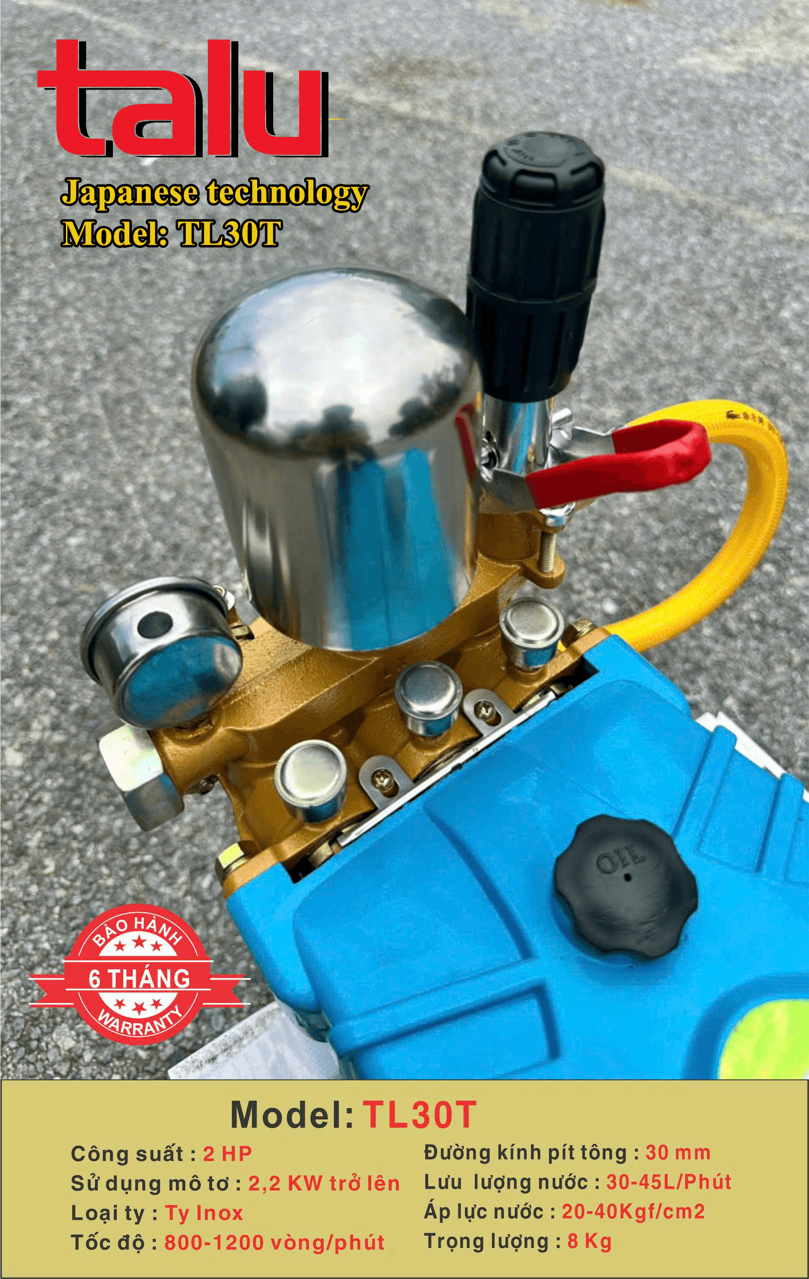 Đầu xịt cao áp TALUVINA TL30T 2HP xilanh 30mm ty inox - Góc nhìn 3