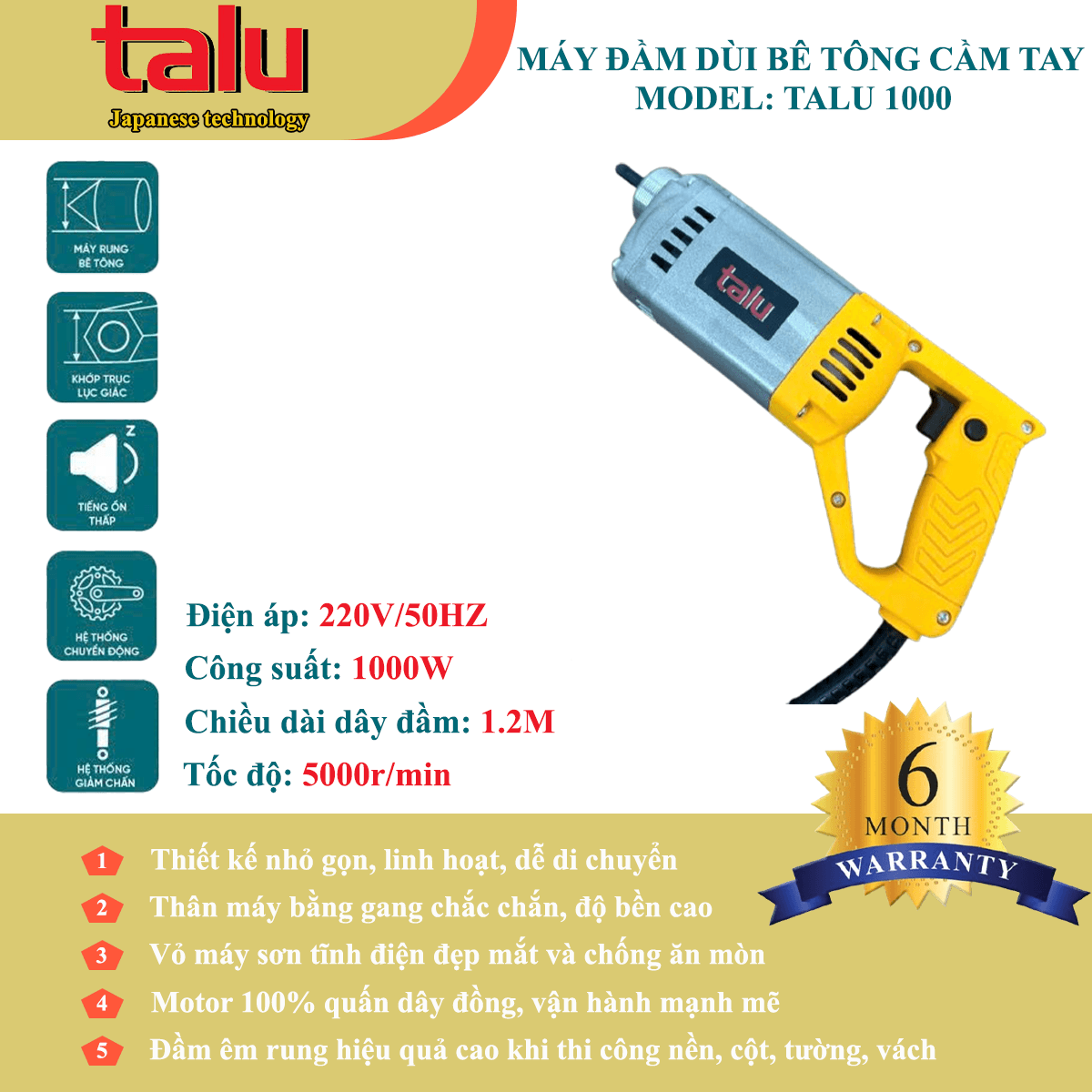 Máy đầm dùi điện Talu 1000W không dây đầm - Góc nhìn 1